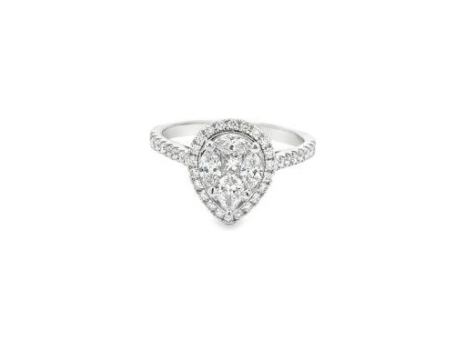 18K White Gold Pear-Shaped Cluster Ring with Natural Marquise, Princess-cut, Pear-shaped and Round Diamonds